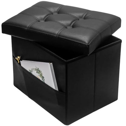 Bsketa Storage Ottoman Foot Rest Stool, Small Leather Storage Ottomans Bench, Folding Footstool with Side Pockets, Foot Rest Under Desk for Living Room Bedroom, 16x12x12 in, Black - color: Black-with Side Pockets...