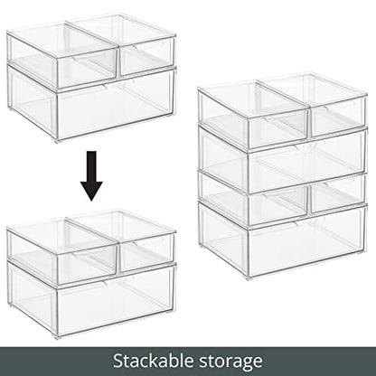 mDesign Plastic Stackable Bathroom Storage Organizer Bin Containers with Front Pull Drawer for Bathroom Countertop, Vanity, Closet Shelves - Holder for Accessories, Lumiere Collection, Set of 3, Clear - size: Mixed Sizes (Pack of 3)