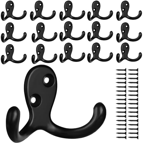 IBosins 16 Pack Heavy Duty Double Prong Coat Hooks Wall Mounted with 32 Screws Retro Double Hooks Utility Hooks for Coat, Scarf, Bag, Towel, Key, Cap, Cup, Hat(Black) - color: 16 Pcs Black