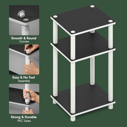 Furinno JUST Side Table, 3-Tier End Table, Open Shelves Night Stand, Bedside Table, Toolless Assembly, for Living Room, Bedroom, Bathroom, White(Espresso) - color: White/Espresso, size: 3-Tier, Round Pole, style: 1-Pack
