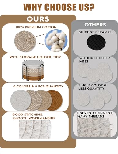 8 Pcs Drink Coasters with Holder, Boho Minimalist Cotton Woven Coasters Set for Drinks Absorbent Coffee Table Home Decor Bar Tabletop Protection, Suitable for Kinds of Cups 4.3 Inch