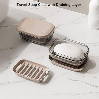 Toothbrush Travel Case & Travel Soap Holder Dish Tray Set of 2, Portable Clear Toothbrush Holders with Cover Leakproof Bar Soap Holder for Traveling School Camping Business Bathroom - color: 2 Pc-b-dark Coffee