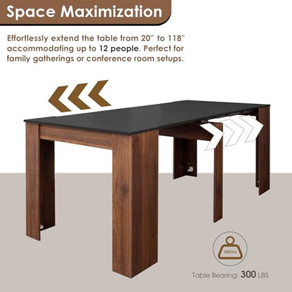20"-118" Extendable Dining Table for 2-12 People, Modern Modular Extension Table, Space-Saving Extra Long Multifunctional Folding Dining Table, Walnut&Black - color: Black & Walnut, style: 20" - 118.5" (2-12 People)
