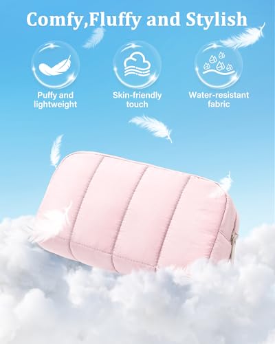 oscaurt Makeup Bag Cosmetic Bag Travel Toiletry Bag for Women Puffy Padded Cosmetic Pouch Purse Wide-open Makeup Organizer Case Travel Essentials - color: Pink