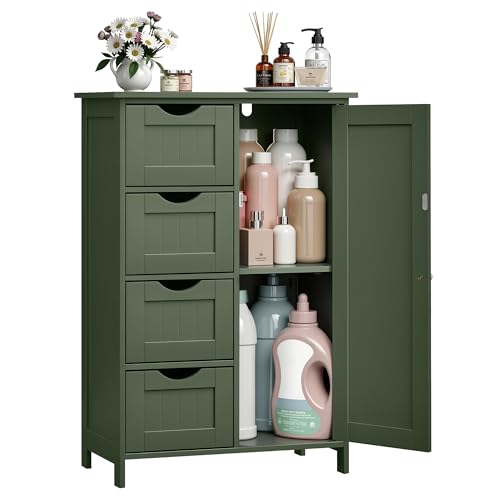VASAGLE Storage Cabinet with Drawers, Freestanding Floor Cabinet with Door, 11.8 x 21.7 x 32.3 Inches, Adjustable Shelf, for Bathroom, Living Room, Kitchen, Forest Green ULHC041CH01S - color: Forest Green, style: 1 Door + 4 Drawers（32.3"）