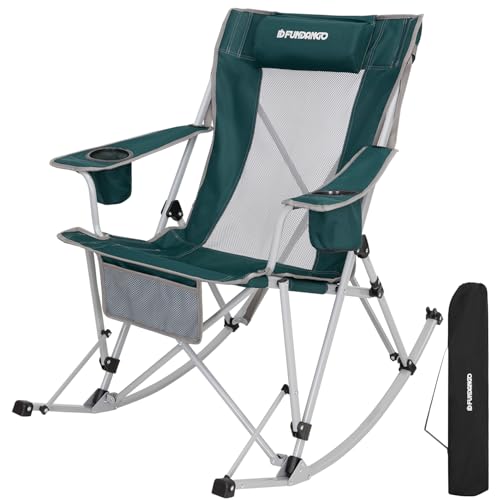FUNDANGO Rocking Camping Chair, High Mesh Back Portable Folding Camp Chairs with Pillows, Cup Holder and Carry Bag for Lawn Patio Garden Outdoor Supports 300 Lbs (Green/Grey) - color: Green Rocklite-1 Pack
