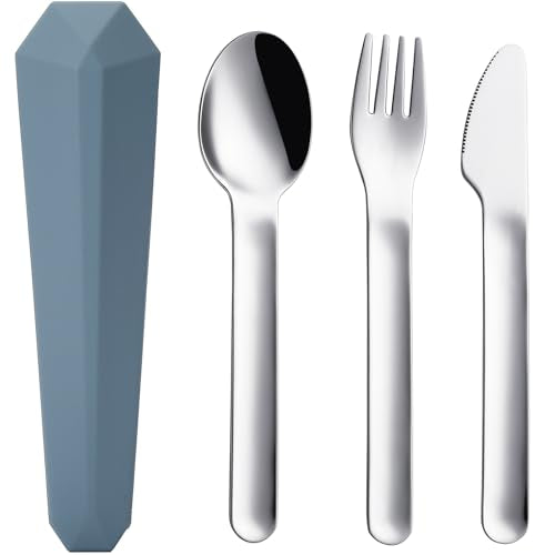 DEVICO Utensils for Lunch Box, 4Pcs Travel Silverware Set with Case, Blue | Portable Silicone Case, 18/8 Stainless Steel Fork Spoon Knife Set for Work School Picnic, Reusable Camping Cutlery for Kids - color: Blue