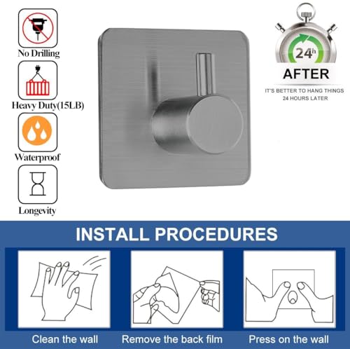 Fotosnow Adhesive Hooks Towel Hanger Wall Hooks for Hanging Coat, Hat,Towel Robe Hook Rack Wall Mount Waterproof Stainless Steel- Bathroom and Bedroom Gray 4-Packs - color: Gray