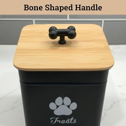 Dog Treat Container Airtight - 6 Inch Wide x 8 Inch Tall Iron Dog Treat Jar for Kitchen Counter with Airtight Bamboo Lid - 12 Cup Capacity Pet Treat Container - Doggie Cookie Jar - Big Treats Canister - color: Black