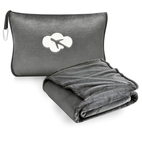 Travel Blanket and Pillow Compact, Premium Soft 2 in 1 Airplane Blanket with Soft Bag Pillowcase，Hand Luggage Sleeve and Backpack Clip (Solid Grey) - color: Solid Grey