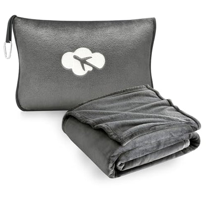 Travel Blanket and Pillow Compact, Premium Soft 2 in 1 Airplane Blanket with Soft Bag Pillowcase，Hand Luggage Sleeve and Backpack Clip (Solid Grey) - color: Solid Grey