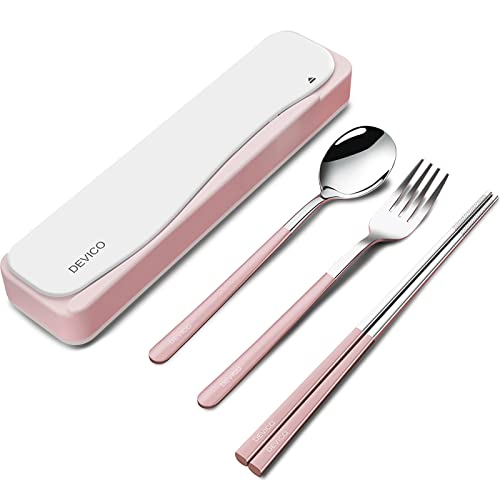 DEVICO Travel Utensils, 18/8 Stainless Steel 4pcs Cutlery Set Portable Camp Reusable Flatware Silverware, Include Fork Spoon Chopsticks with Case (Pink) - color: Pink
