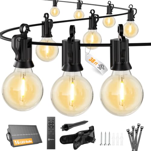 Brightown 38FT 16LED Solar String Lights Outdoor with Remote & USB Port, Shatterproof Bulbs, Dimmable & Timable, 3 Modes, Patio Lights with Mount Clips for Backyard Garden Decor - Last for 36+Hrs - size: 38FT