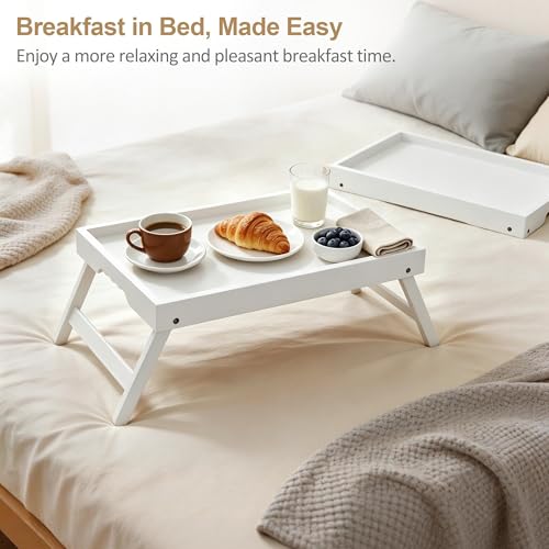 Large Breakfast Tray with Folding Legs Set of 2, 16.9" x 12.2" Bamboo Bed Tray Table with Ergonomic Wave Handles, Foldable TV Dinner Tray for Bed Couch Sofa, Breakfast, Laptop, Coffee,White - color: White, size: Large