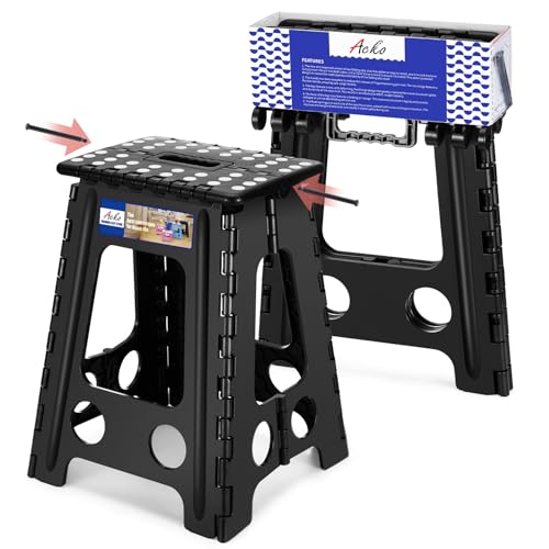 ACKO Folding Step Stool Foldable 17.5 Inch 400 lbs Capacity, Plastic Stools for Adults and Kids, Collapsible Stools for Kitchen, Stepping Stool with Handle (Black) - color: Black, size: 17.5 Inch