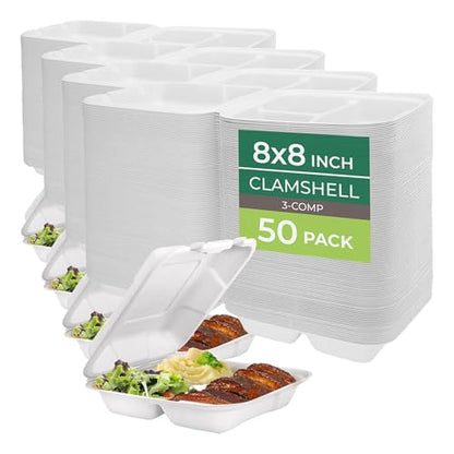 Freshware Compostable Clamshell Food Containers [8x8] 3-Compartment, Disposable - Paper Food Containers - Microwave & Freezer Safe, Stackable (Pack of 200) - size: 8 x 8 Inch [200 Pack]