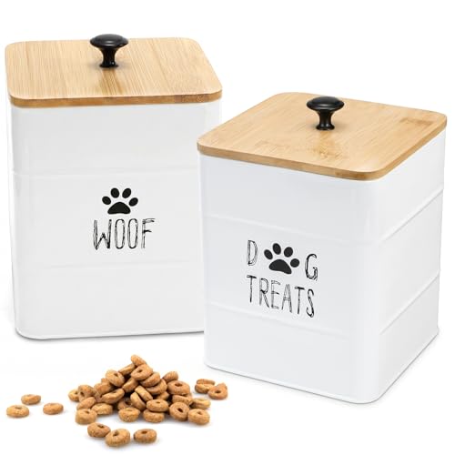 SOUJOY 2 Pack Dog Treat Container, 3Lbs Airtight Pet Food Storage Container with Lid, 7"x5" Iron Small Pet Treat Canister for Cookie, Bone, Biscuit, Dog Food Bin for Kitchen Counter, White