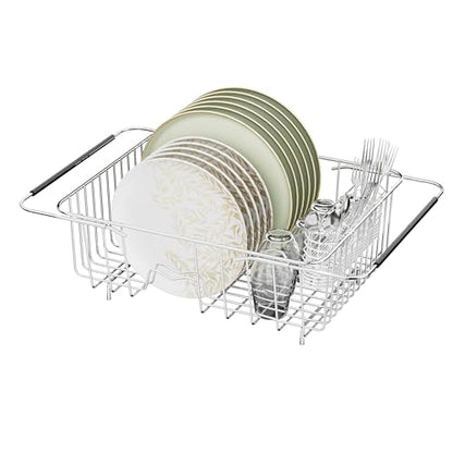 JAQ Over Sink Dish Drying Rack for Medium to Large Sink, Expandable 15.08"–22.4", Adjustable 304 Stainless Steel Dish Drainer with Utensil Holder, Large Capacity Holds Up to 13 Plates - size: 304 Stainless Steel - 13 dishes