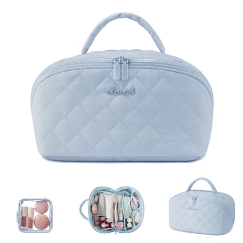 LOVEVOOK Travel Makeup Bag for Women, 2Pcs Puffer Waterproof Cosmetic Organizer, Large Capacity Pouch Open Flat Small Toiletry Bag with Brush Compartment & Handle (Blue, Medium) - color: Blue, size: Medium