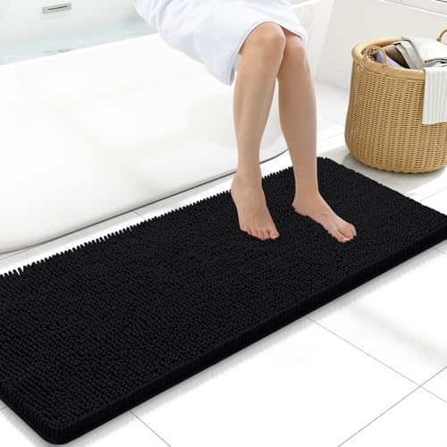 Arotive Bathroom Rugs 47x17, Extra Soft Absorbent Shaggy Chenille Bath Rugs, Machine Washable Rubber Backing Non-Slip Bath Mats for Bathroom Floor Tub and Shower, Home Decor Accessories, Black - color: Black, size: 47" X 17"