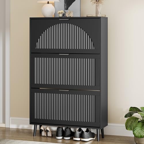 Shoe Storage Cabinet with 3 Flip Drawers, Narrow Wood Shoe Organizer Cabinet with Fluted Panel, Slim Shoe Rack for Entryway, Freestanding Shoe Cabinet for Living Room, Hallway, Black - color: Black, size: 3-Drawers