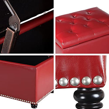 24'' Leather Storage Ottoman Rectangular Foot Rest Stool with Nailhead Trim for Bedroom Living Room(Red) - color: Red