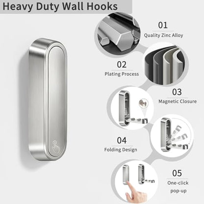 4PCS Foldable Wall Hooks, Flip Down Design with 40 lbs Heavy-Duty Capacity, Retractable Wall Hooks for Bathroom, Bedroom & Entryway Space Saving (Silver) - color: Silver, size: 4 Hooks