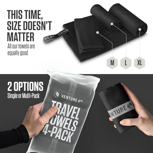 VENTURE 4TH - 4pcs Quick Dry Towels. Microfiber Travel Towels. Lightweight & Fast Drying Travel Towels for Body. Compact & Easy to Pack - 4 Pack Black Large - color: 4-pack Black, size: 60.00" x 31.50"