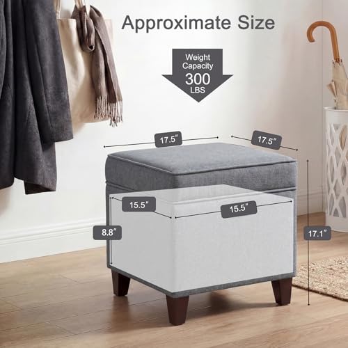 Linen Storage Ottoman with Wooden Legs, 17" Square Upholstered Footrest Stool, Extra Seat or Coffee Table for Living Room, Bedroom, Entryway, Dark Grey - color: Dark Grey