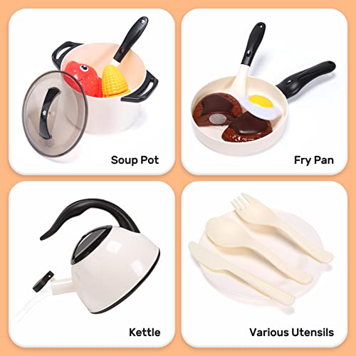 CUTE STONE Play Kitchen Accessories Toy, Play Food Sets for Kids Kitchen, Pretend Kitchen Set for Kids with Play Pots, Pans, Toddler Kitchen Playset Kitchen Toys for Girls Boys - style: White Cooking Set