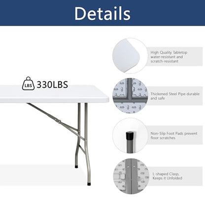 8ft Folding Table, Heavy Duty Plastic Table with Handle, White | Foldable Spacious Tabletop, Extra Large, Portable for Indoor & Outdoor Use, for Camping, Picnic, Wedding, Party, Gathering - size: 8FT