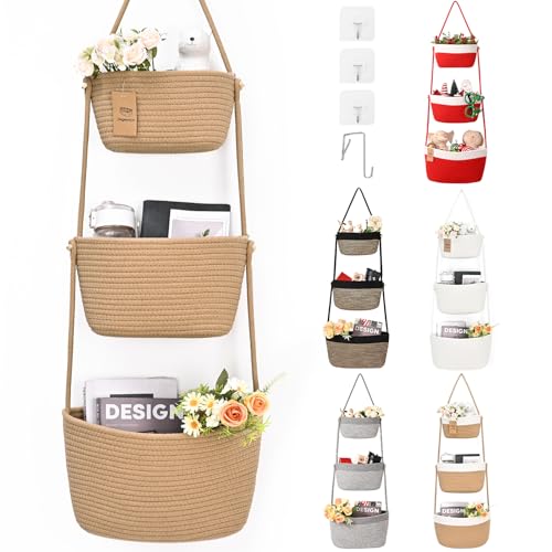 Hanging Basket, 3-Tier Woven Wall Basket with 4 Hooks, Cotton Rope Storage Baskets, Over the Door Organizer for Nursery, Bedroom, Cottage and Boho Wall Decor - color: Jute, size: Classic