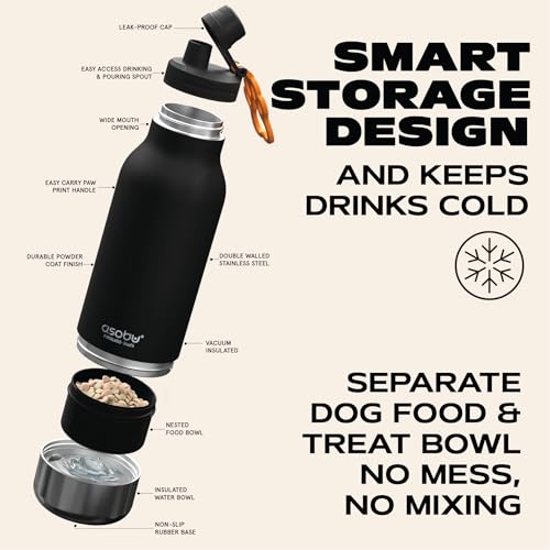 asobu Dog Barky Bottle – Insulated Stainless Steel Water Bottle with 2 Removable Dog Bowls for Food, Treats & Water – Pet-Friendly Travel Bottle for Hiking, Road Trips & Outdoor Adventures - color: Black