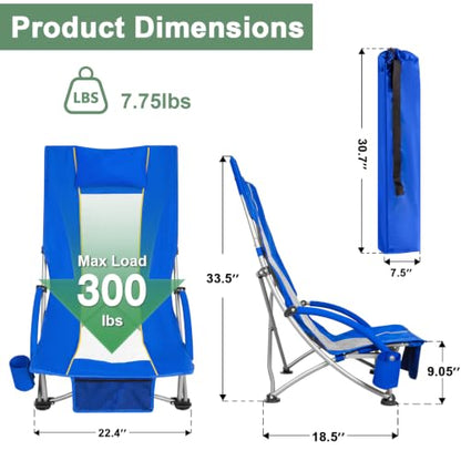 Romswi Compact High Back Beach Chair, Lightweight Low Seat Travel Chair, Beach Chair Fits in Suitcase, 300lbs Heavy Duty Folding Camping Chair with Cup Holder & Pocket, Blue - color: Blue - High Back