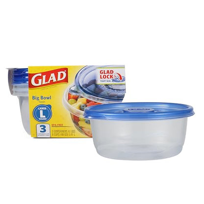 Glad GladWare Big Bowl Food Storage Containers with Lids, Large Round No BPA Plastic Containers for Soups, Salads, and Meal Prep, Lock Tight Seal, Microwave Dishwasher Safe, 48 Oz, 3 Count - size: 3 Count (Pack of 1), style: Round