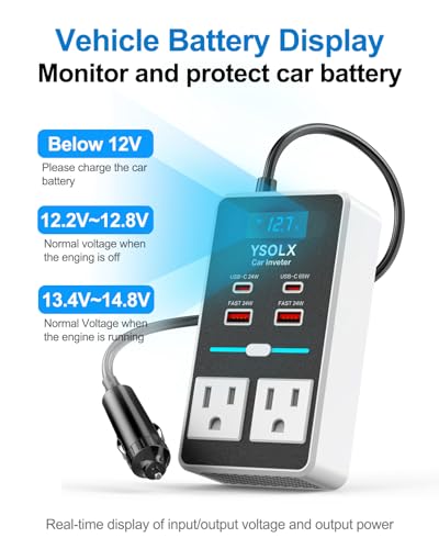 YSOLX 300W 12V to 110V Car Power Inverter, with Dual USB-A 24W and USB-C 65W, Dual AC Car Plug Adapter Outlet and Equipped with a Display Screen.Suitable for car Trips, Camping,Charging laptops - color: white