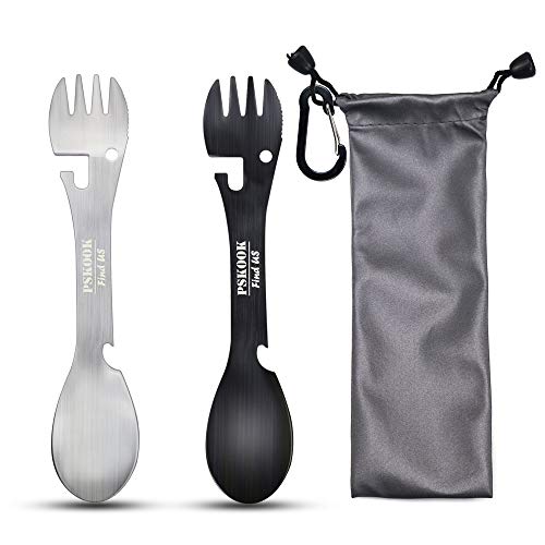 PSKOOK 5-in-1 Utility Tactical Spork, 2-Pack Stainless Steel Spoon & Bottle Opener, Fork & Knife, Can Opener Combo Camping Utensil for Hiking, Camping or Backpacking (Black & Matte Silver) - color: black+silver