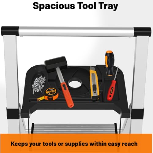 4 Step Ladder with Tool Tray - 600lbs Heavy Duty Lightweight Step Stool with Extended Handrails, Work Platform for Home Maintenance & DIY Projects - size: 4 steps with tray