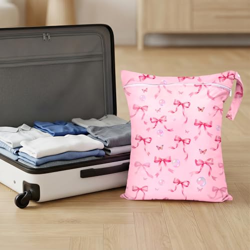 2 Pcs Large Travel Laundry Bags Waterproof Wet Dry Bag, Washable Dirty Clothes Bags for Travel，Drawstring, Bathing Suit, Workout, Gym Clothes Laundry, Swimming Pool & College Dorm, Pink Butterfly Bow - color: Pink Butterfly Bow