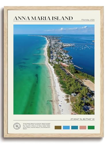 KISSFOX OAK Wood Framed Wall Art Anna maria island Wall Decor Florida Canvas Art Coastal Pictures Beach Paintings Travel Posters Aesthetic Artwork For Bedroom Office Living room - color: Anna Maria Island, size: 16x20 Wood