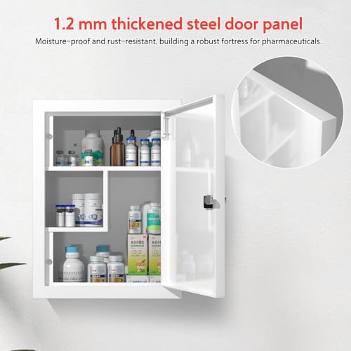 Locking Medicine Cabinet Wall-Mount: Storage Cabinet with Combination Lock & Key - White Metal First Aid Kits for Family Safety and Childproofing - color: Frosted White