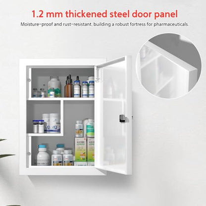Locking Medicine Cabinet Wall-Mount: Storage Cabinet with Combination Lock & Key - White Metal First Aid Kits for Family Safety and Childproofing - color: Frosted White