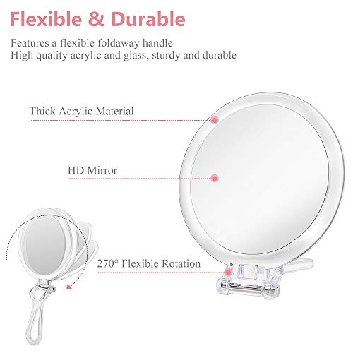 Cheftick Double Sided Hand Held Mirror - 1X & 7X Magnifying Handheld Makeup Mirror with Adjustable Folding Handle, Portable, Transparent & Round (6")