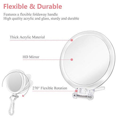 Cheftick Double Sided Hand Held Mirror - 1X & 7X Magnifying Handheld Makeup Mirror with Adjustable Folding Handle, Portable, Transparent & Round (6")