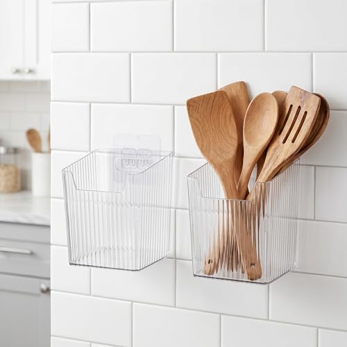 WRINGKIT 6 Pack Wall Mount Storage Bins, Plastic Clear Shower Basket Caddy with Self-Adhesive Hooks, Stackable Hanging Bin Basket Organizer Holder for Cabinet, Kitchen, Bathroom, Pantry, Under Sink