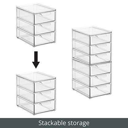 mDesign Plastic Stackable Organizer with 3 Drawers - Pull-Out Drawer Storage Bin for Bathroom Sink/Cabinet Organization - Perfect for Makeup, Small Towels, and More - Lumiere Collection, 4 Pack, Clear - size: 8 x 6 x 8 (Pack of 4)