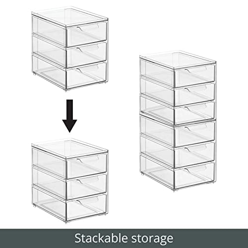 mDesign Plastic Stackable Organizer with 3 Drawers - Pull-Out Drawer Storage Bin for Bathroom Sink/Cabinet Organization - Perfect for Makeup, Small Towels, and More - Lumiere Collection, 2 Pack, Clear - size: 8 x 6 x 8 (Pack of 2)