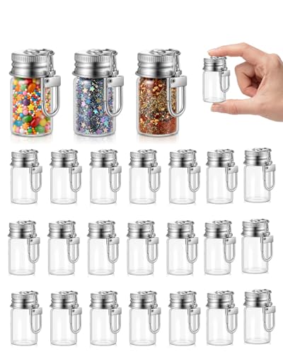 24 Pack 7ml Keychain Seasoning Bottles, Mini Glass Spice Containers for Travel & Camping, Small Empty Vials with Aluminum Lids for DIY Crafts, Wedding Favors, Home Crafts, Travel - size: 7 ml