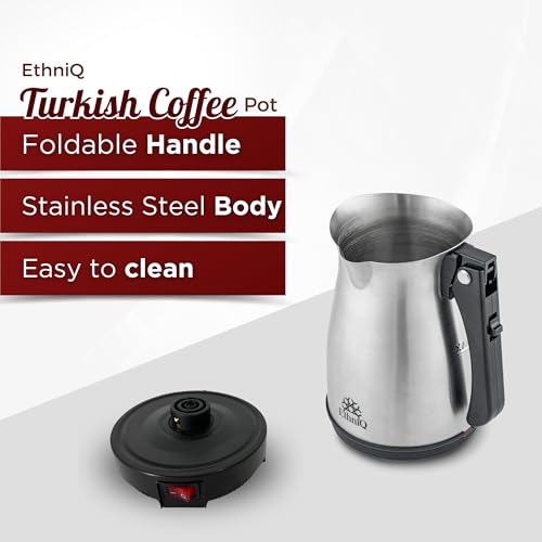 ETHNIQ Turkish Coffee Pot - Stainless Steel, 120V, 1 to 4 Cup Capacity, Fast Brewing, Delicious Cup of Turkish, Arabic & Greek Coffee Maker with Foldable Handle for Home & Travel & on-off Button - color: Fast Brew