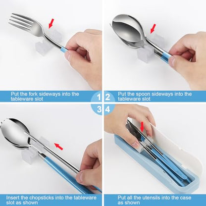 DEVICO Travel Utensils With Case, 18/8 Stainless Steel Camping Utensils, Reusable Portable Silverware Cutlery Set For Lunch Box, Include Fork Spoon Chopsticks (Light Blue) - color: Light Blue